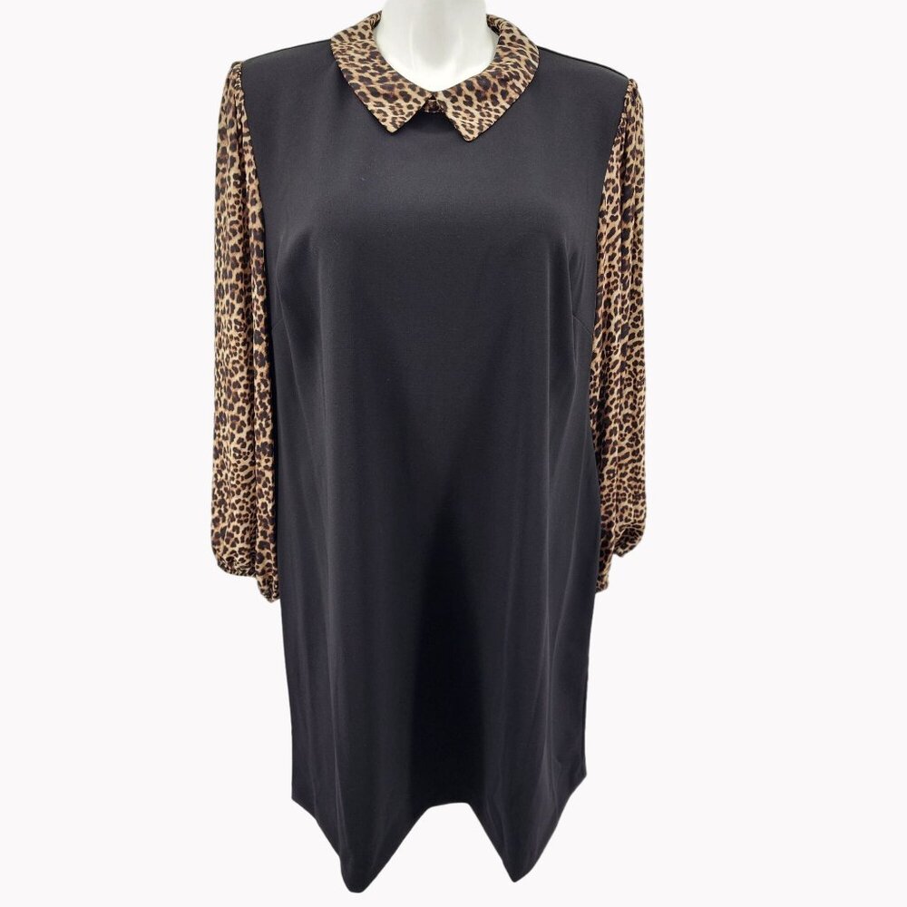 Tommy Hilfiger Womens Plus 22W Black Dress Leopard Print Collar Sheer Sleeve